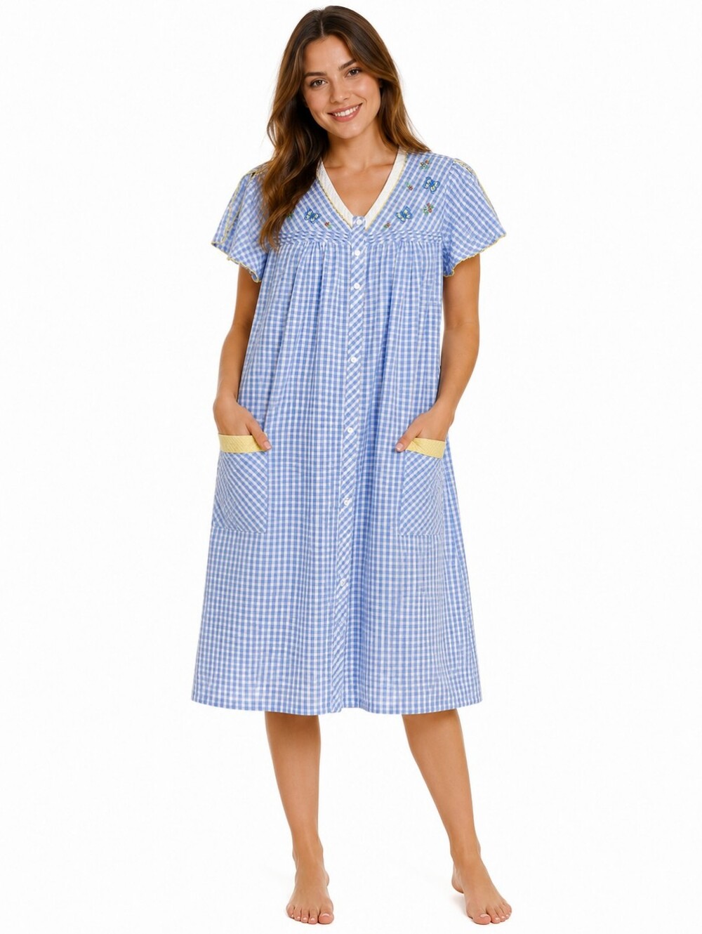Penmans Blue Gingham Button Front House Dress Butterfly Embroidery Size M